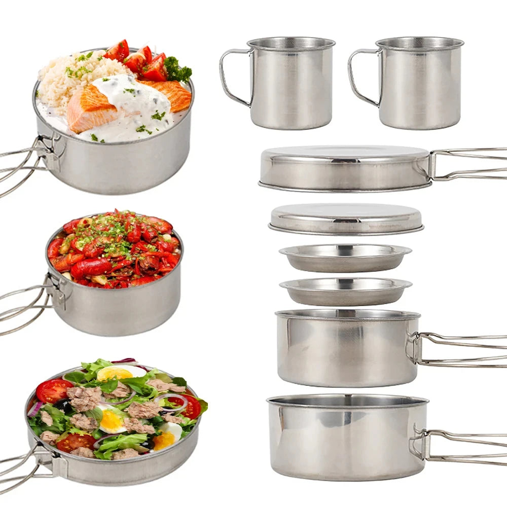8PCS Stainless Steel Camping Cookware Mess Kit – Lightweight, Durable & Ready for Adventure