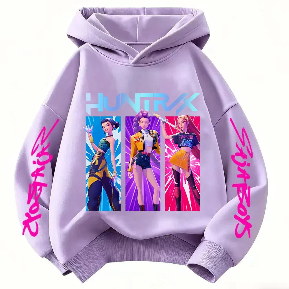 Cute Girls Hooded Sweatshirt KPop Demon Hunter Cartoon Casual Top – Purple & Pink