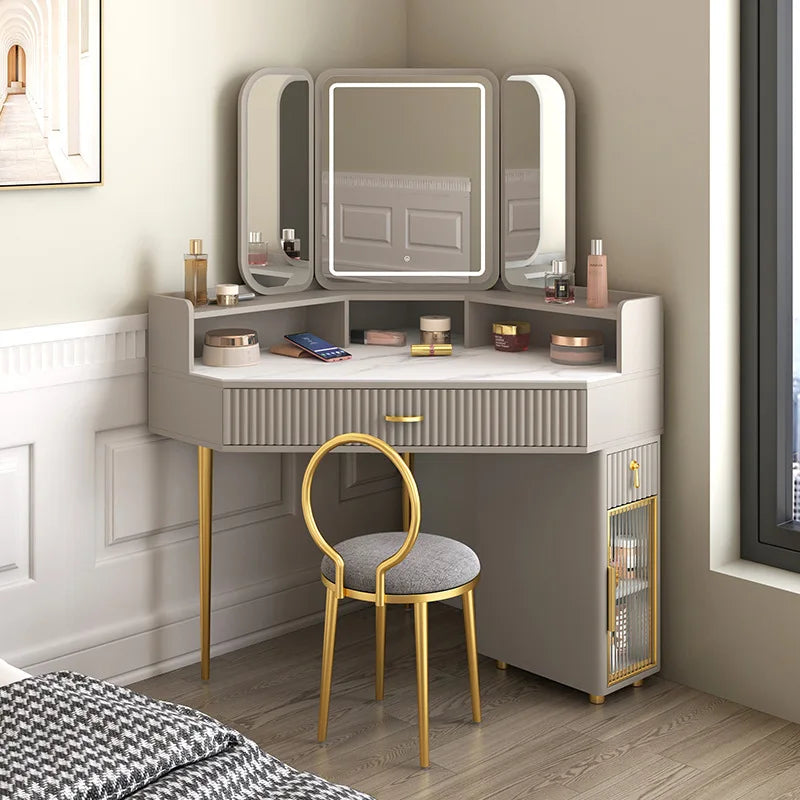 Luxury Solid Wood Corner Dressing Table with Mirror and Stool – Modern Minimalist Bedroom Furniture