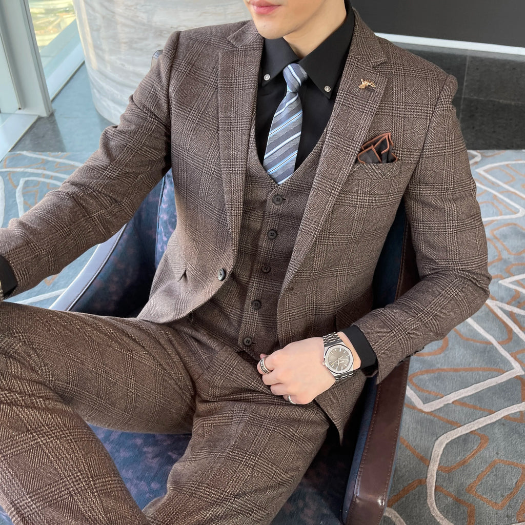 Men’s Modified Plaid Three-Piece Suit – Slim Fit England Style Vest & Trousers Set