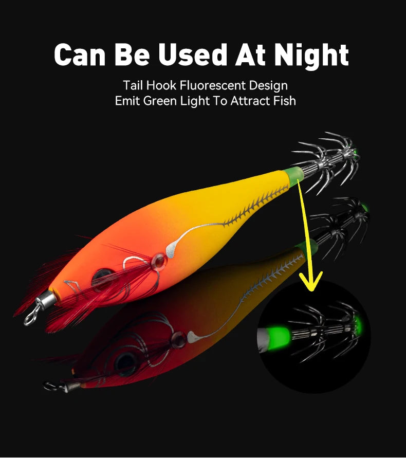 YOOFISH Luminous Horizontal Squid Jig (5pcs Set) – Premium Wood Shrimp Squid Hooks for Saltwater Fishing