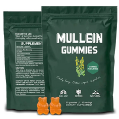 Green package of Mullein Gummies with gummy bears and supplement information on a white background