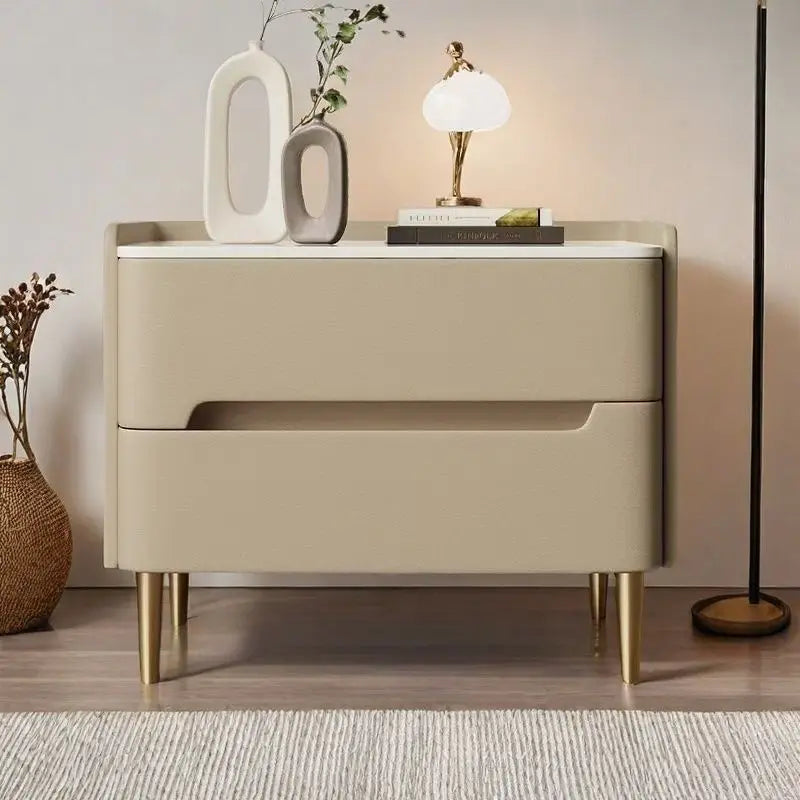 Luxury Modern Nightstand with Drawer, Glossy Marble Top, Gold Metal Legs, Faux Leather Bedside Table