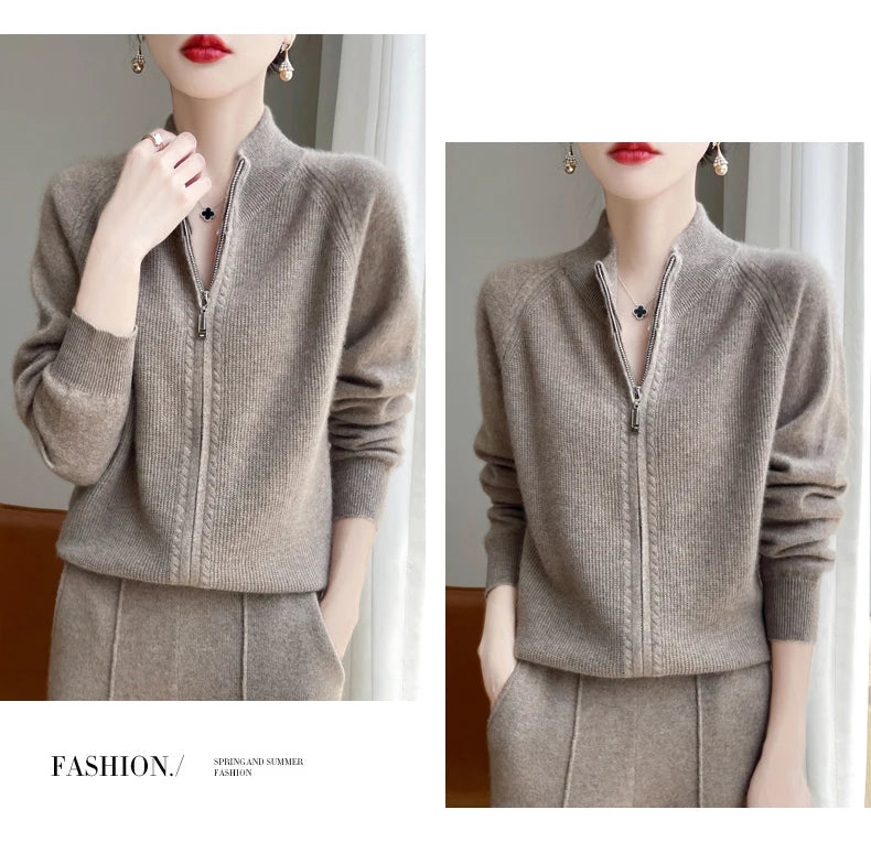 100% Wool Women’s Zipper Turtleneck Sweater – Casual Loose Knit Cardigan for Autumn/Winter