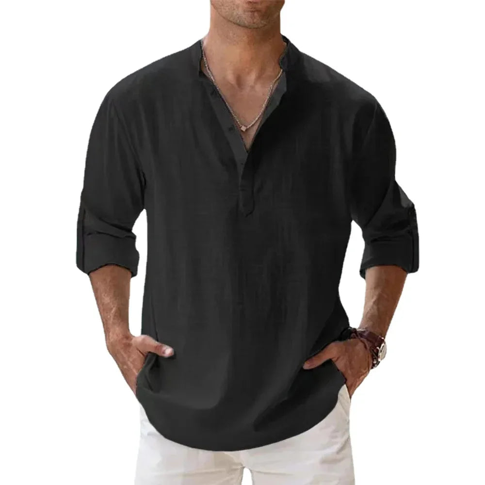 Men’s Cotton Linen Henley Short Sleeve Casual Shirt – Summer Beach & Everyday Wear