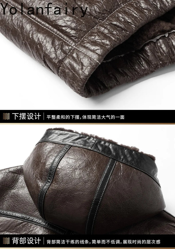 Men’s Natural Sheepskin Leather Jacket with Real Fur Hood – Winter Wool Lined Fur Coat
