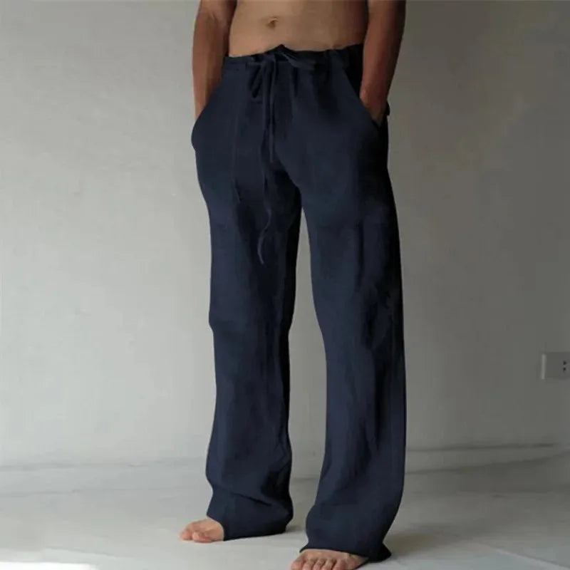 Men's Cotton Linen Long Pants Summer Solid Color Breathable Linen Trousers Male Casual Elastic Waist Casual Pants Harajuku Trous