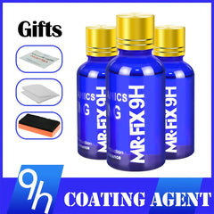 Three bottles of MR FIX 9H coating agent with gold caps on a blue background, featuring the 9h logo.