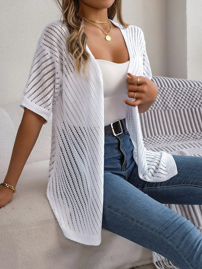 Casual Hollow Out Knitted Short Sleeve Cardigan for Women