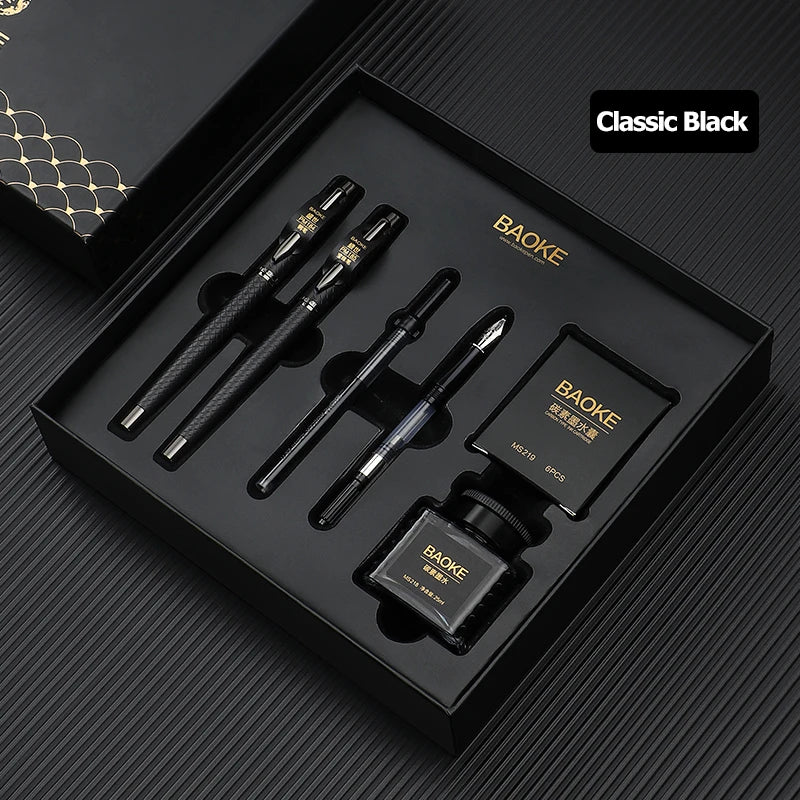 BAOKE T18/T19/T20 Black & Grey Fountain Pen Gift Set with Ink Bottle and 6 Cartridges – Stainless Steel Nib Metal Office Pen