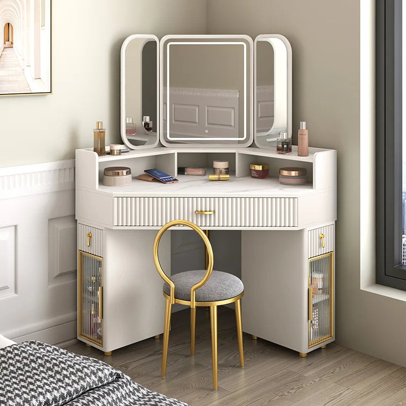 Luxury Solid Wood Corner Dressing Table with Mirror and Stool – Modern Minimalist Bedroom Furniture