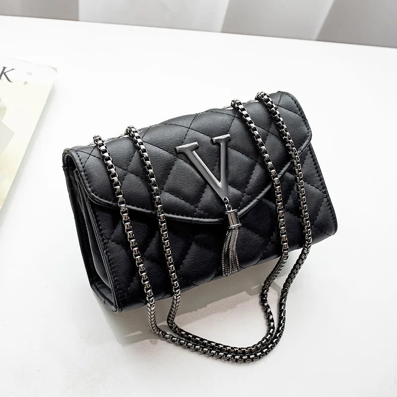Black Luxury Quilted PU Leather Shoulder & Crossbody Bag for Women – Plaid Tassel Messenger Handbag