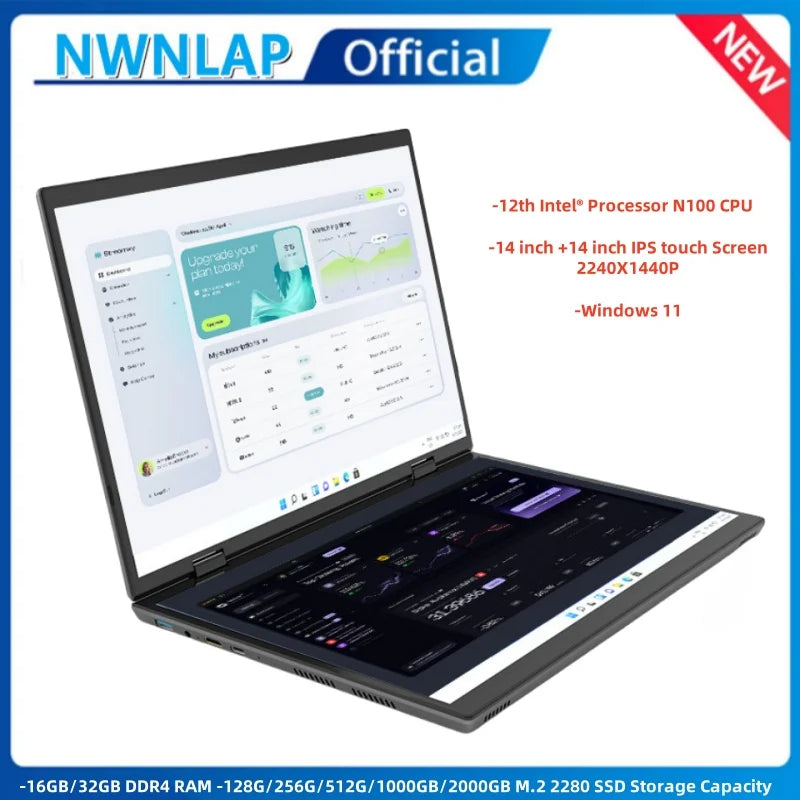 Dual Screen 14+14 Inch 2K Touchscreen 2-in-1 Laptop 16GB/32GB Intel N100 CPU 360° Flip Metal Case