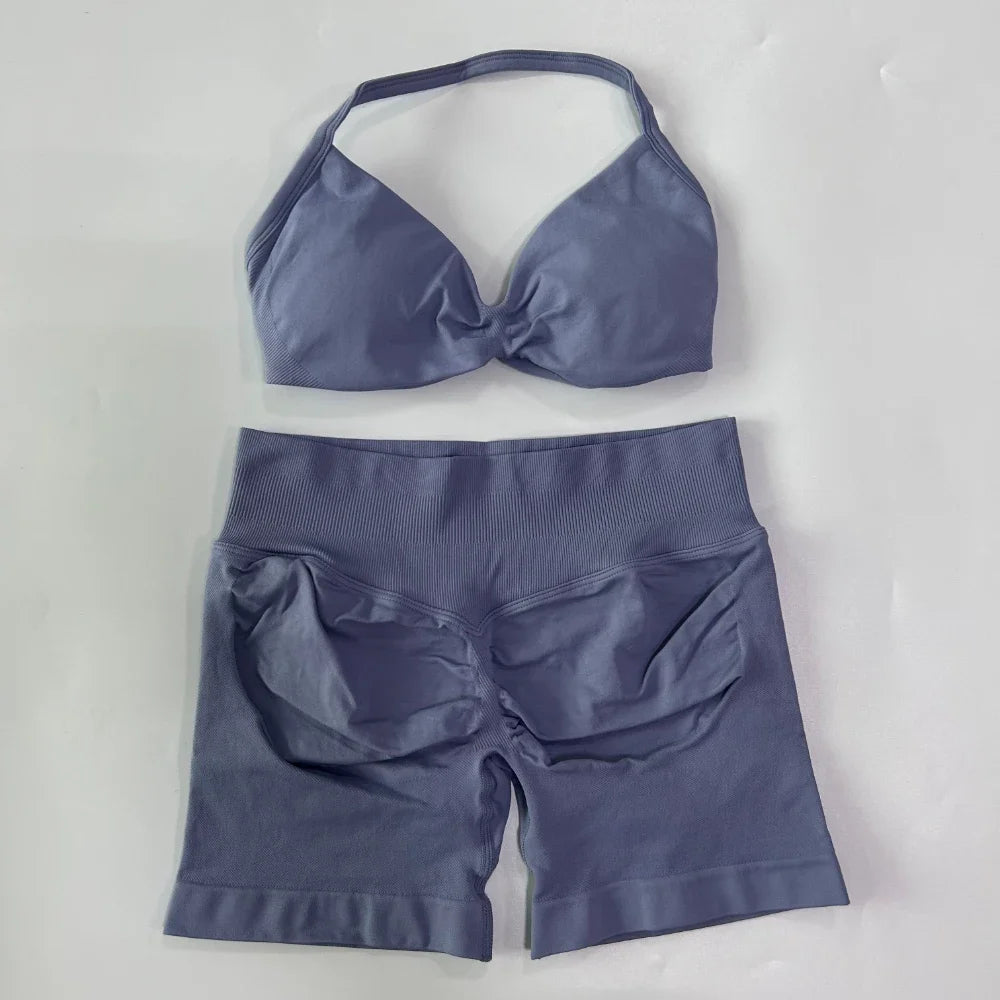 Women’s 2-Piece Seamless Gym Set – Strappy Yoga Bra & High-Waist Scrunch Shorts Workout Suit