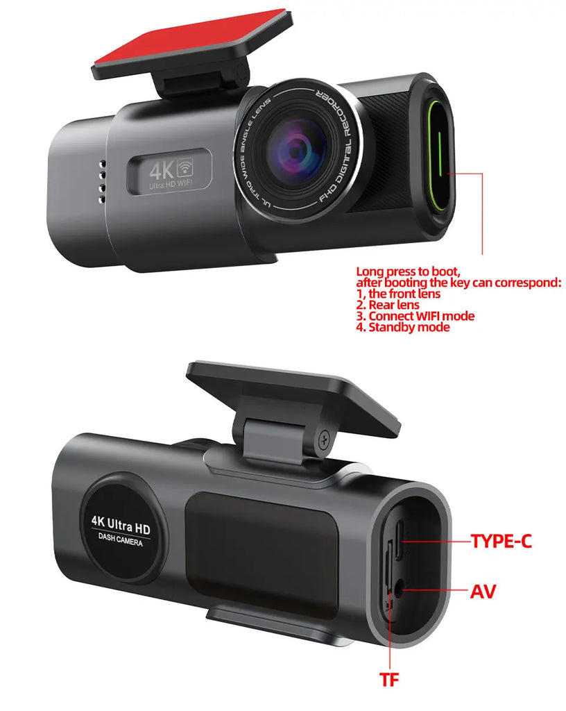 Dash Cam 4K UHD Car DVR with Night Vision, Built-In Wi-Fi, GPS & 24H Parking