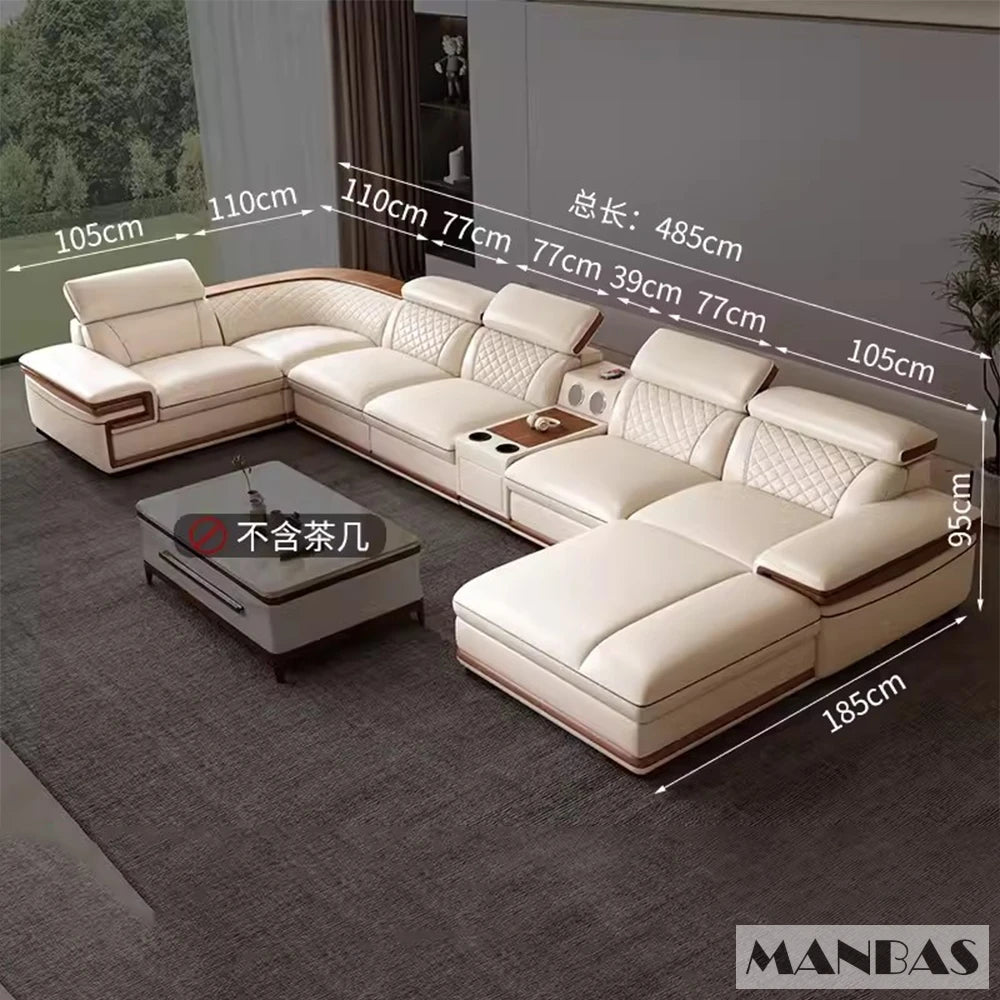 MINGDIBAO Italian Genuine Leather L-Shaped Sofa Set with Adjustable Headrests, Bluetooth Speaker & Wireless Charging