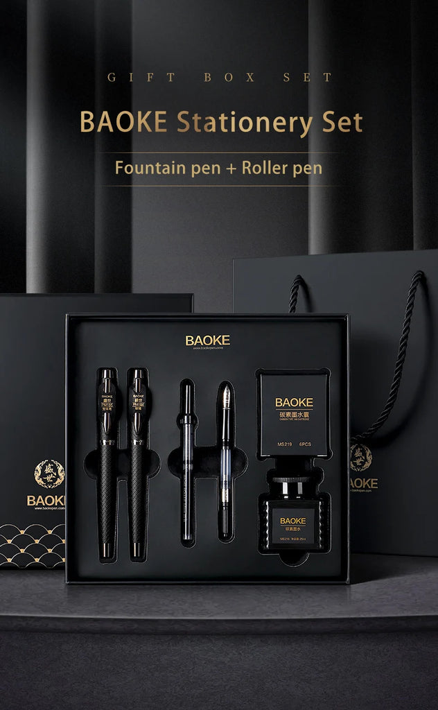 BAOKE T18/T19/T20 Black & Grey Fountain Pen Gift Set with Ink Bottle and 6 Cartridges – Stainless Steel Nib Metal Office Pen