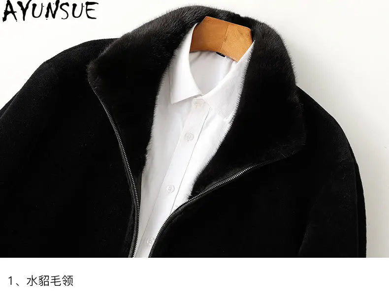 Men’s Winter Sheep Shearing Wool Jacket with Mink Fur Collar – Mid-Length Casual Coat