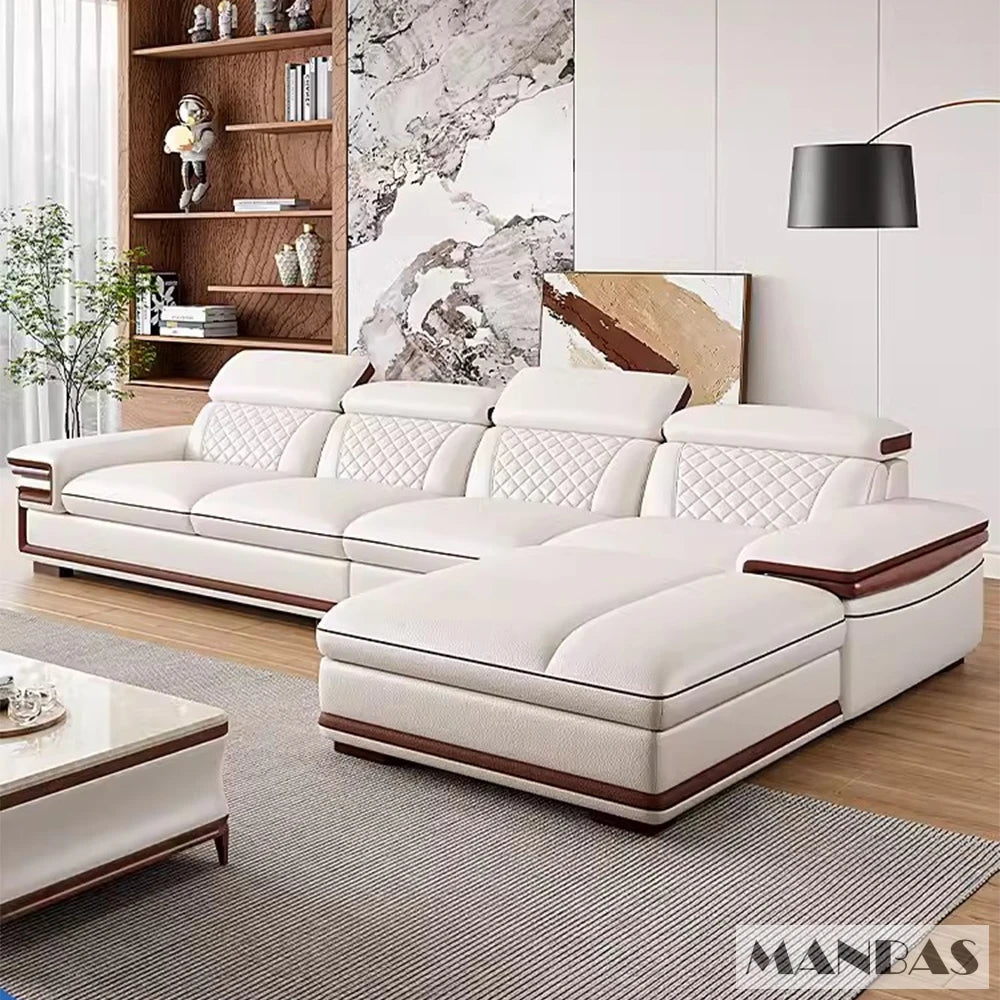 MINGDIBAO Italian Genuine Leather L-Shaped Sofa Set with Adjustable Headrests, Bluetooth Speaker & Wireless Charging