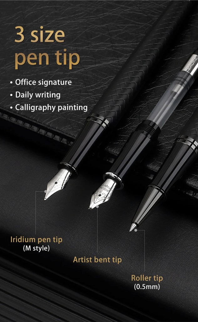 BAOKE T18/T19/T20 Black & Grey Fountain Pen Gift Set with Ink Bottle and 6 Cartridges – Stainless Steel Nib Metal Office Pen