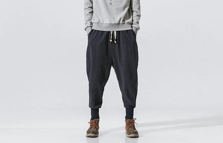 Men’s Cotton Linen Harem Pants – Baggy Streetwear Joggers with Elastic Waist