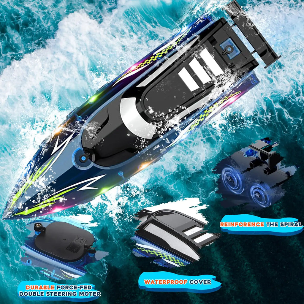 RC Boat with LED Light – 2.4GHz Remote Control Speedboat for Pool & Lake, 30-Min Run Time, Kids Toys & Birthday Gift
