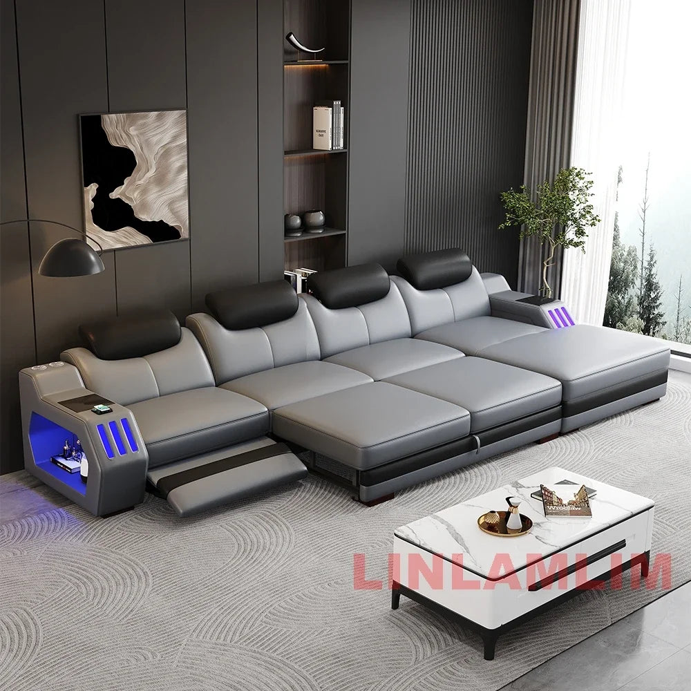 Modern L-Shaped Leather Sectional Sofa Bed with Adjustable Headrests, LED Lights, Storage & USB Ports