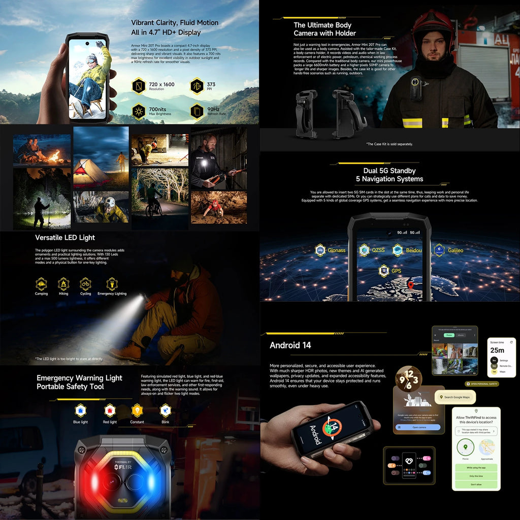 Ulefone Armor Mini 20T Pro Rugged 5G Smartphone 4.7" Display 8GB+256GB Thermal Imaging NFC LED Light Android 14 6200mAh