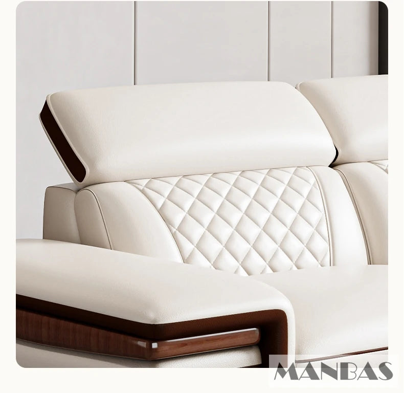 MINGDIBAO Italian Genuine Leather L-Shaped Sofa Set with Adjustable Headrests, Bluetooth Speaker & Wireless Charging