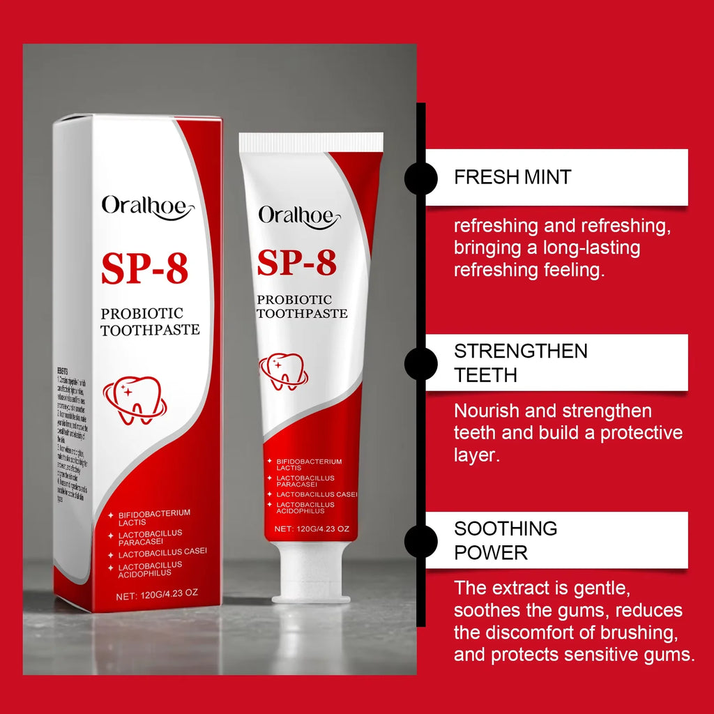 SP-8 Probiotic Toothpaste – Brightening Mint, Fresh Breath, Deep Cleaning, Plaque & Stain Removal