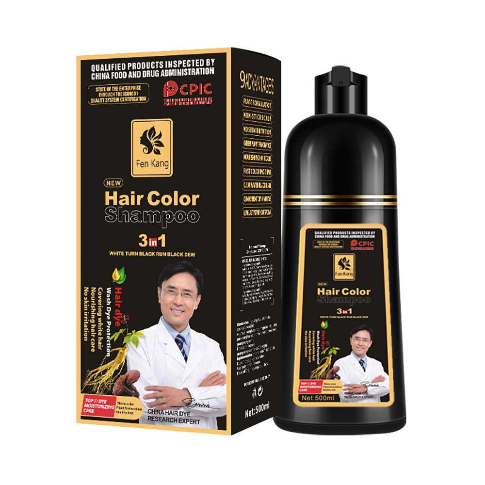 3-in-1 Instant Hair Coloring Shampoo – Natural Black & Herbal Brown, 500ml, Unisex Hair Dye