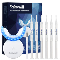 Fairywill teeth whitening kit with light and syringes on a white background