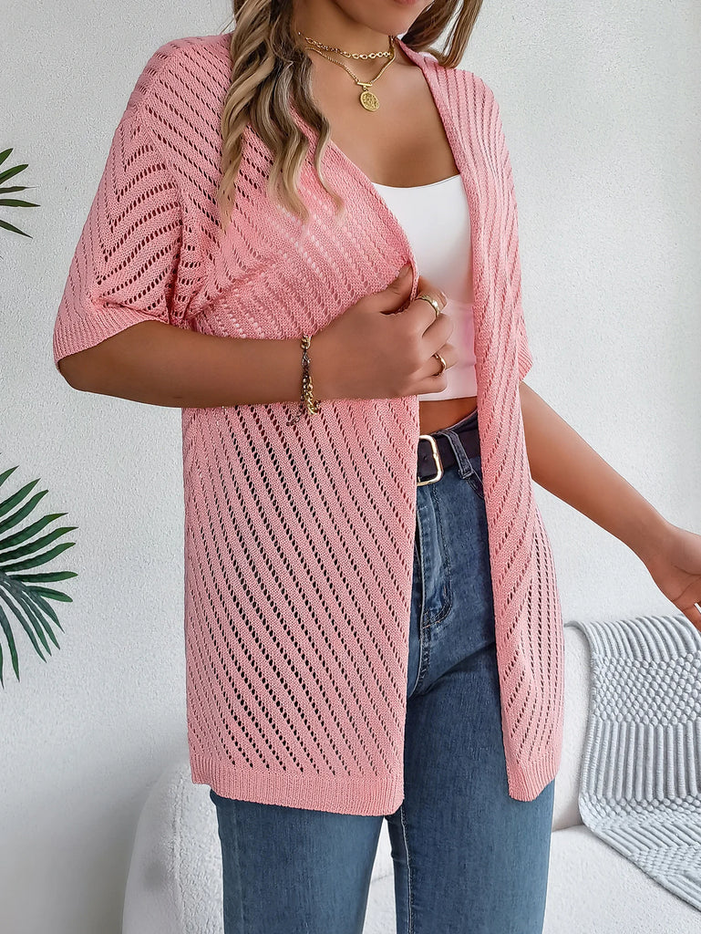 Casual Hollow Out Knitted Short Sleeve Cardigan for Women