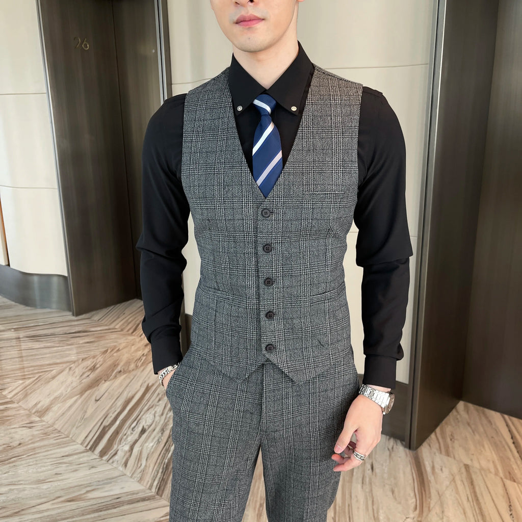 Men’s Modified Plaid Three-Piece Suit – Slim Fit England Style Vest & Trousers Set