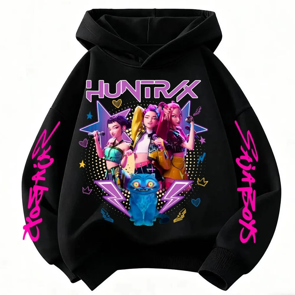 Cute Girls Hooded Sweatshirt KPop Demon Hunter Cartoon Casual Top – Purple & Pink