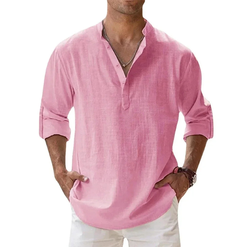 Men’s Cotton Linen Henley Short Sleeve Casual Shirt – Summer Beach & Everyday Wear