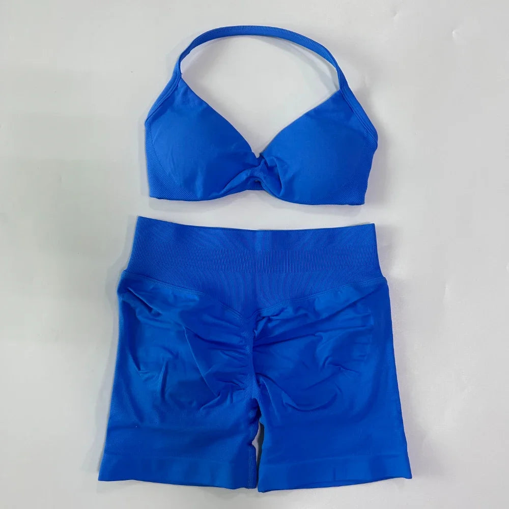 Women’s 2-Piece Seamless Gym Set – Strappy Yoga Bra & High-Waist Scrunch Shorts Workout Suit