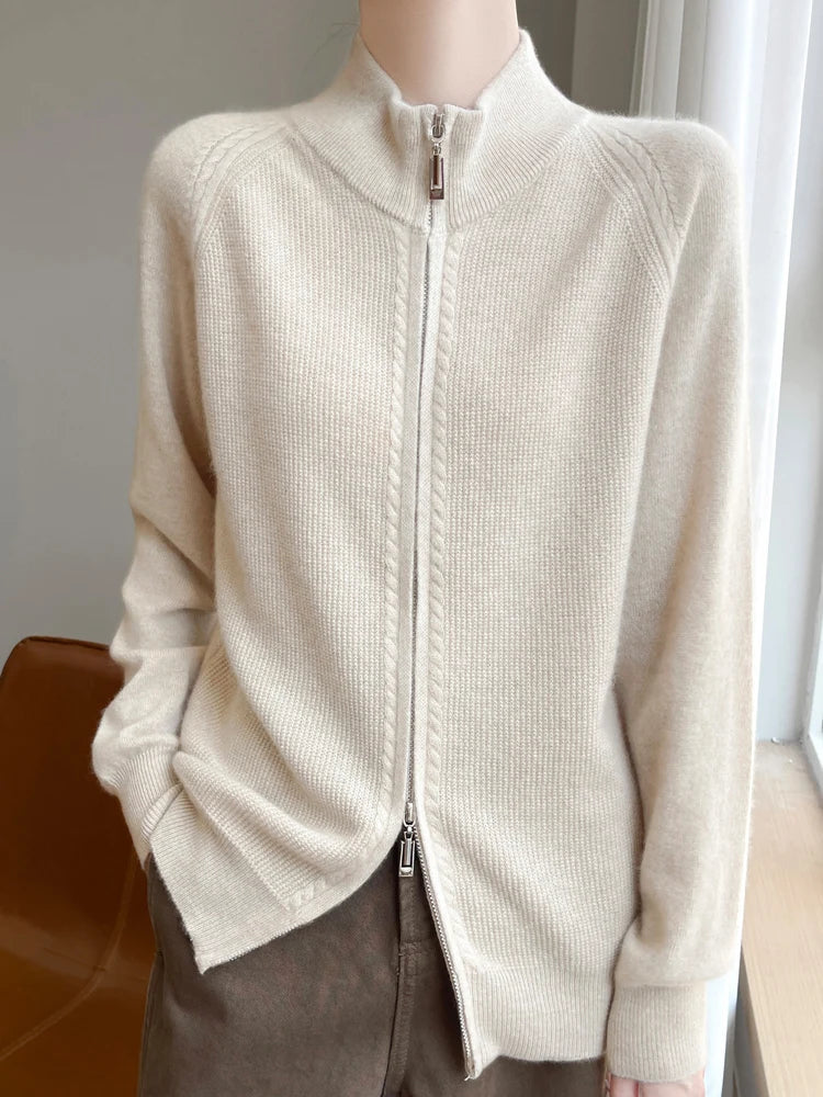 100% Wool Women’s Zipper Turtleneck Sweater – Casual Loose Knit Cardigan for Autumn/Winter