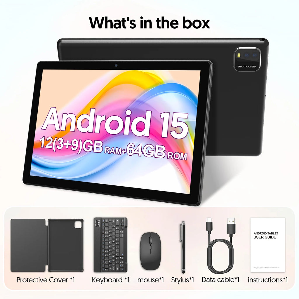 BAKEN 10-Inch Android 15 Tablet – Quad Core Processor, 12GB RAM (3GB+9GB), 64GB Storage, 1280x800 HD Display, Dual Camera, 5G WiFi