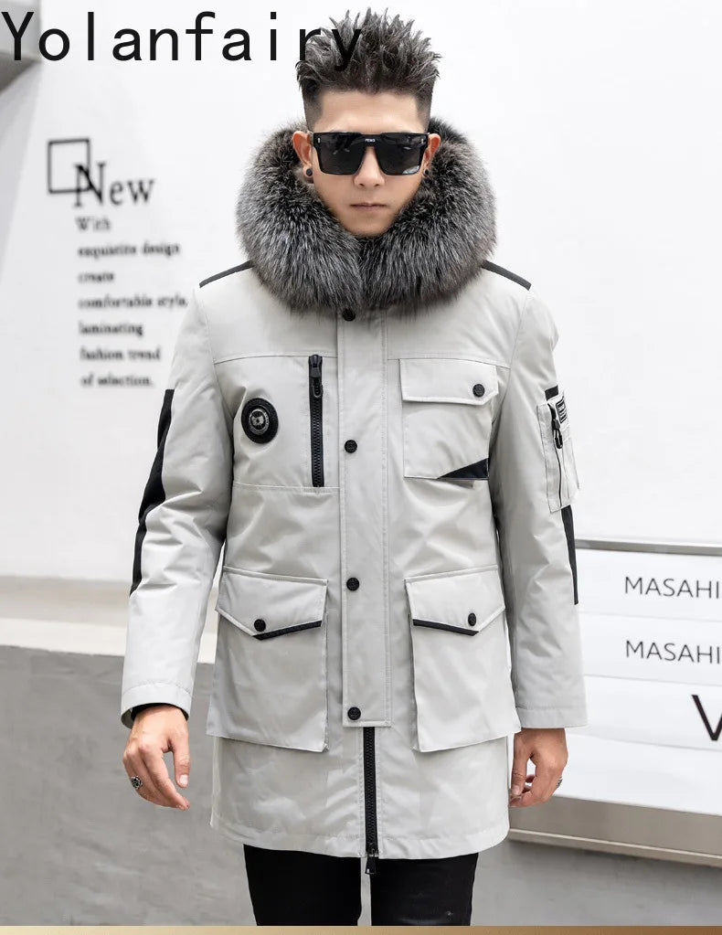 Real Mink Fur Inner Coat Men 90% Down 10% Feather Winter Mid-Length Jacket with Hood and Fox Fur Collar