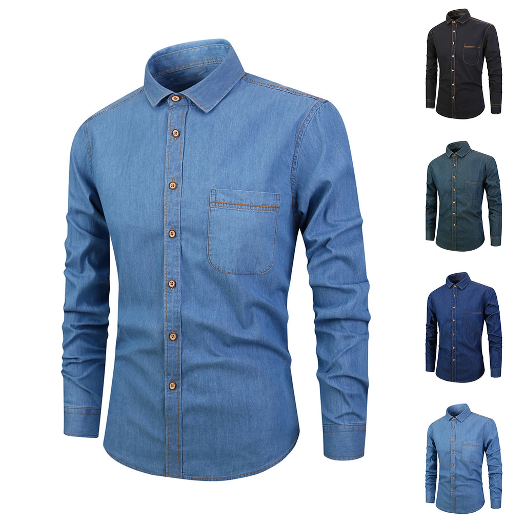 Men’s Autumn Cotton-Blend Denim Shirt – Casual Long Sleeve Button-Up with Single Pocket