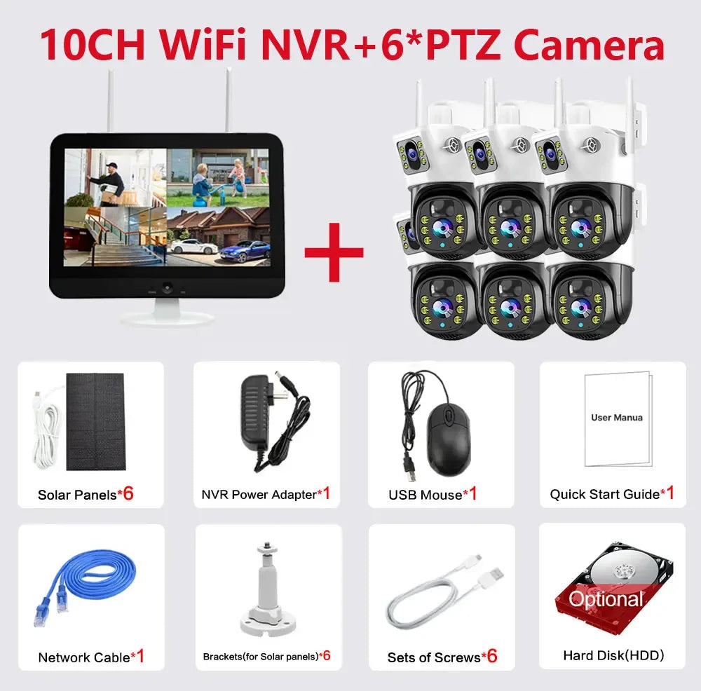 100% Wire-Free Solar PTZ Dual Lens 12.5" LCD Monitor 10CH WiFi NVR 8MP 4K Wireless Home Security Camera System