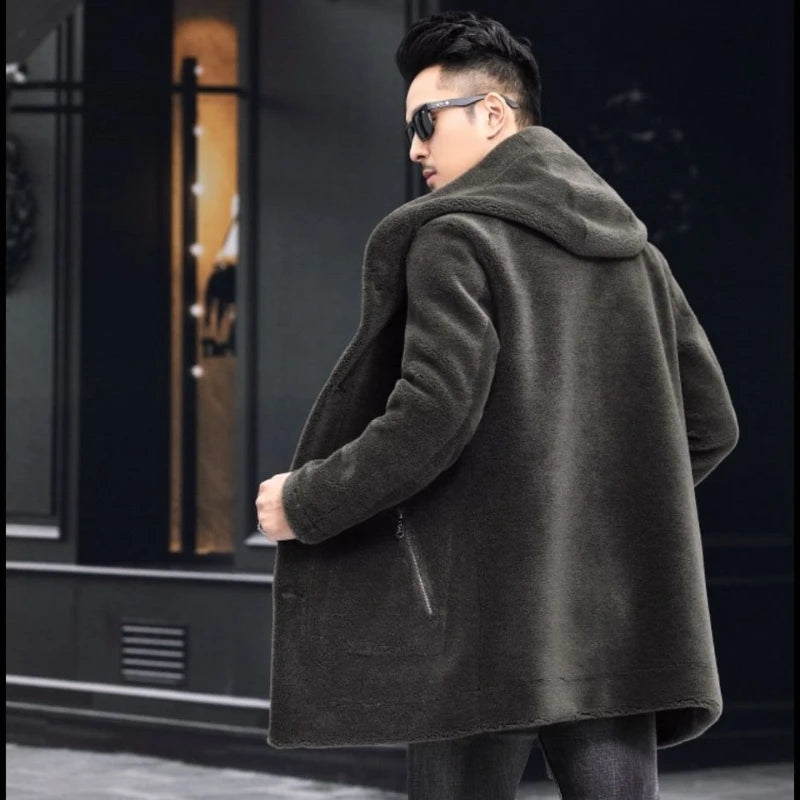 Men’s Winter Casual Thick Fleece Hooded Waterproof Jacket with Real Fur Wool Coat