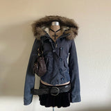 Spring Retro Faux Fur Coat for Women – Vintage 2000s Harajuku Gothic Punk Jean Parka thumbnail 8