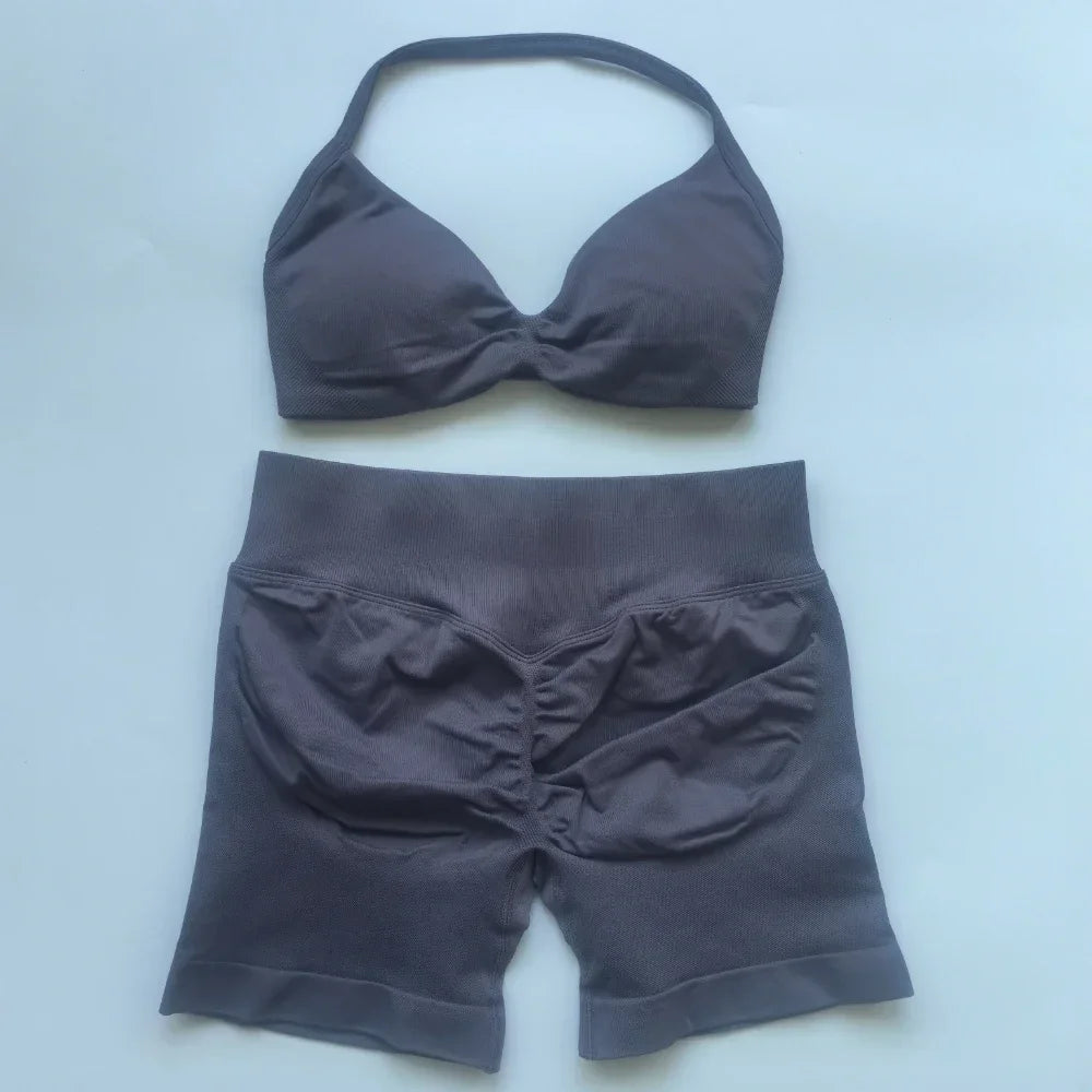 Women’s 2-Piece Seamless Gym Set – Strappy Yoga Bra & High-Waist Scrunch Shorts Workout Suit