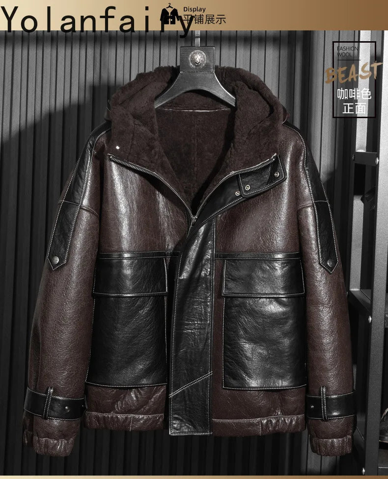 Men’s Natural Sheepskin Leather Jacket with Real Fur Hood – Winter Wool Lined Fur Coat
