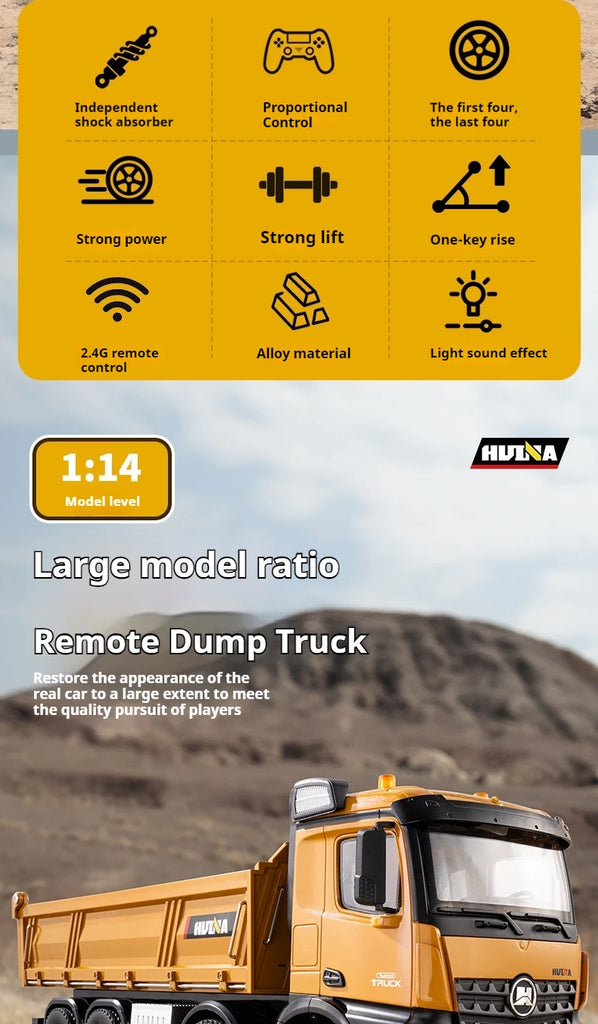 536 12-Channel 1:14 Alloy Remote Control 8-Wheel Heavy-Duty Engineering Dump Truck Toy with Lights