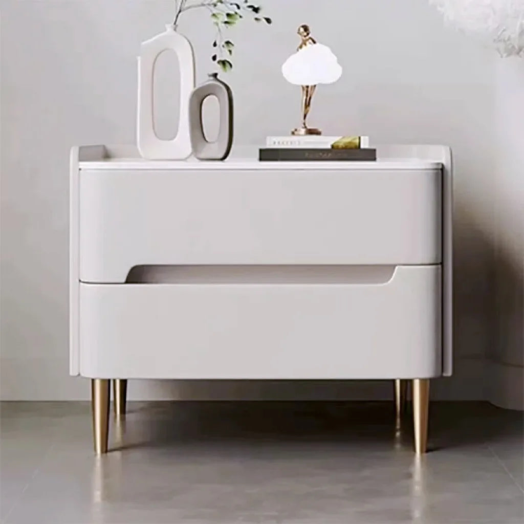 Luxury Modern Nightstand with Drawer, Glossy Marble Top, Gold Metal Legs, Faux Leather Bedside Table