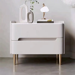 Luxury Modern Nightstand with Drawer, Glossy Marble Top, Gold Metal Legs, Faux Leather Bedside Table