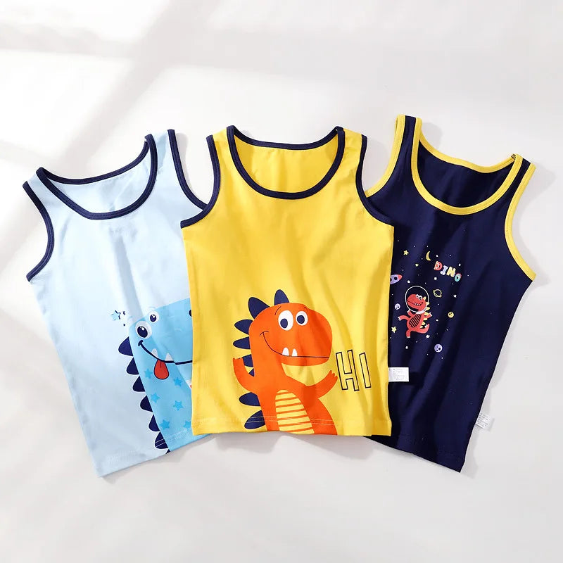 Boys Cartoon Dino Car Cotton Tank Top Singlet Underwear – Kids Summer Undershirt 3-10T